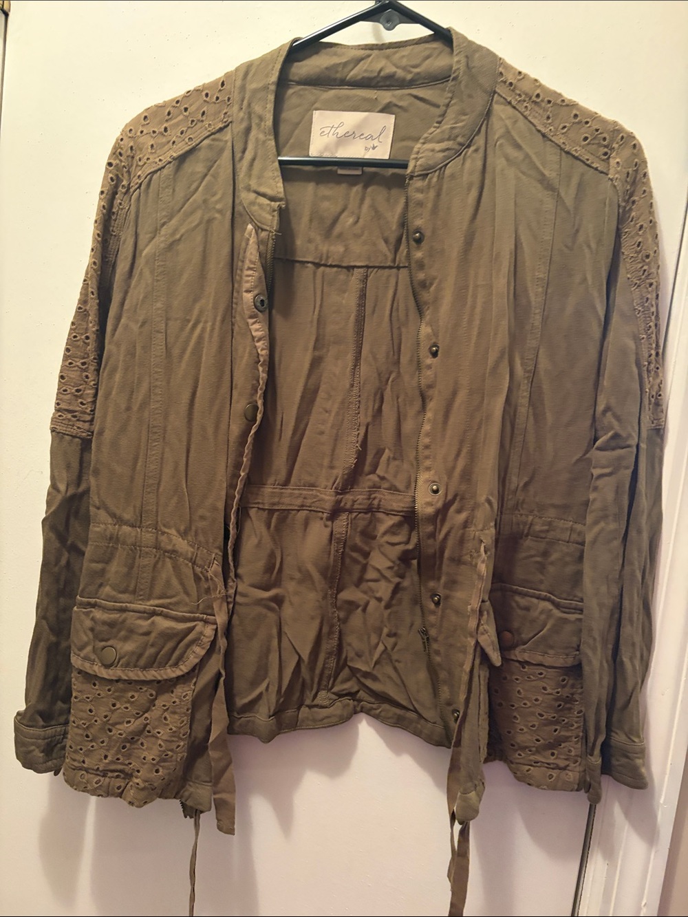 Ethereal Olive Eyelet Utility Jacket with Drawstring Waist